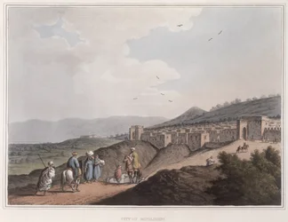Belém na Palestina, vista da parte principal da cidade com as montanhas da Arábia Pétrea, de «Views in the Ottoman Dominions», 1810